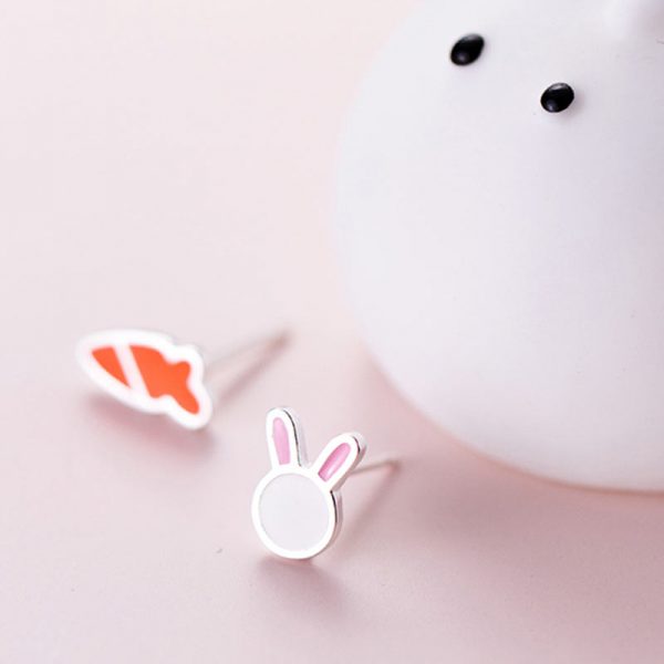 Cute Rabbit Carrot 925 Sterling Silver Stud Earrings - Modakawa Modakawa