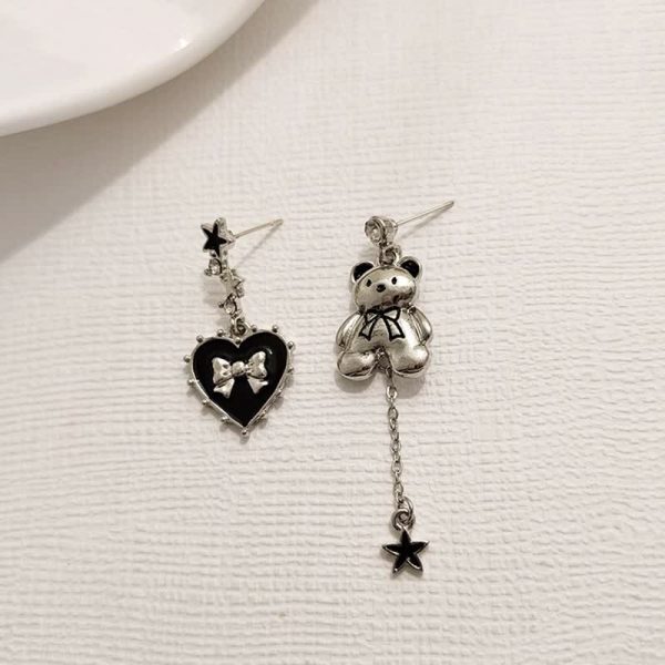 Asymmetrical Love Heart Bear 925 Sterling Silver Stud Earrings Ear Clip - Modakawa modakawa