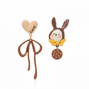 Asymmetrical Love Heart Bunny 925 Sterling Silver Stud Earrings Ear Clip - Modakawa modakawa